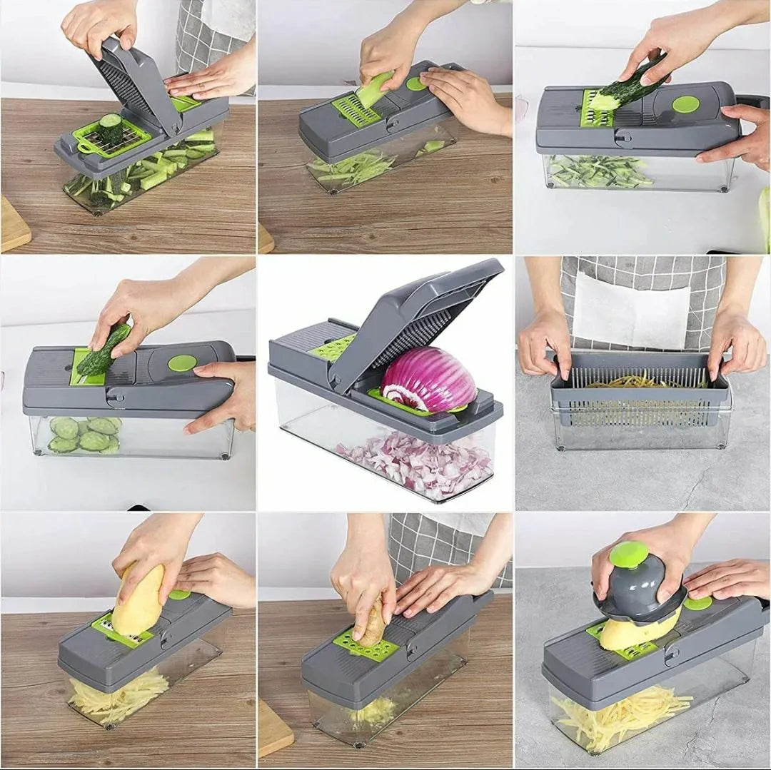 16-In-1 Multifunctional Vegetable Chopper & Slicer with Colander Basket and Storage Container – Heavy Duty Manual Food Cutter & Dicer