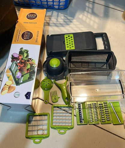 16-In-1 Multifunctional Vegetable Chopper & Slicer with Colander Basket and Storage Container – Heavy Duty Manual Food Cutter & Dicer