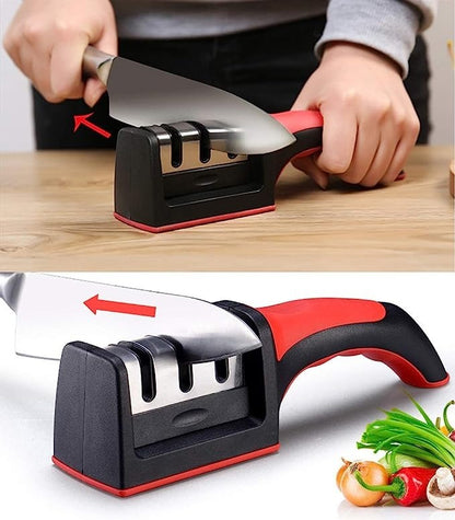 3 Stage Kitchen Knife Sharpener – Manual Knife Sharpening Tool with Non-Slip Base