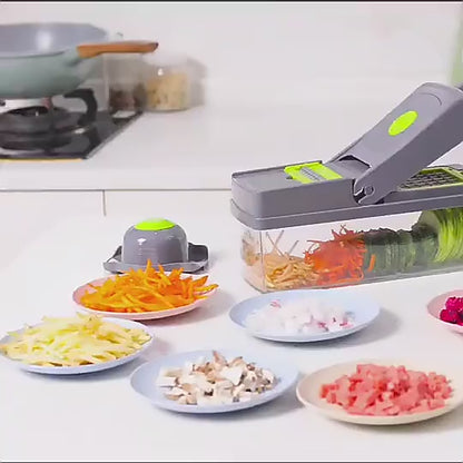 16-In-1 Multifunctional Vegetable Chopper & Slicer with Colander Basket and Storage Container – Heavy Duty Manual Food Cutter & Dicer